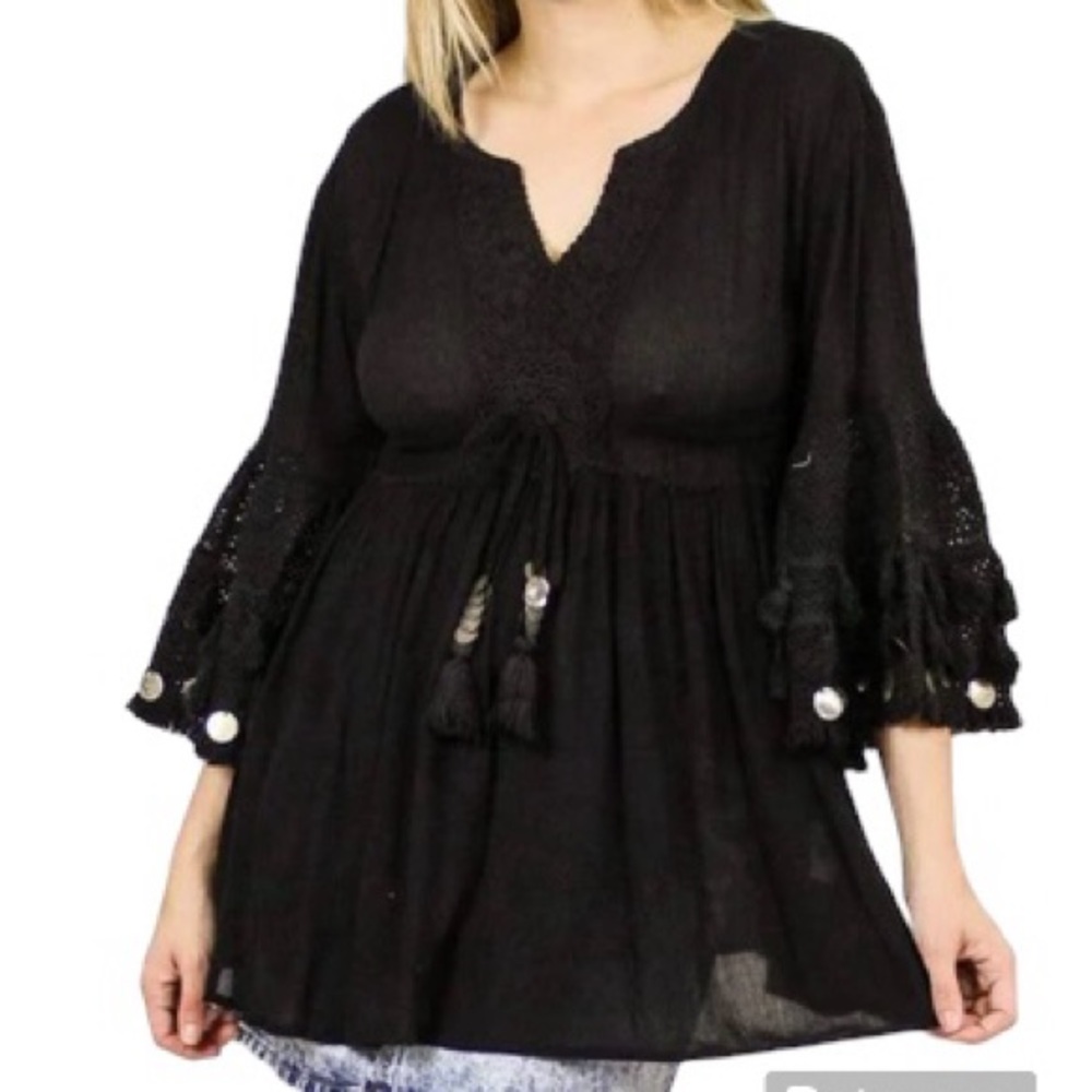NWOT Avani Del Amour Black Crochet Tunic Dress Bell Sleeve Coin Accents